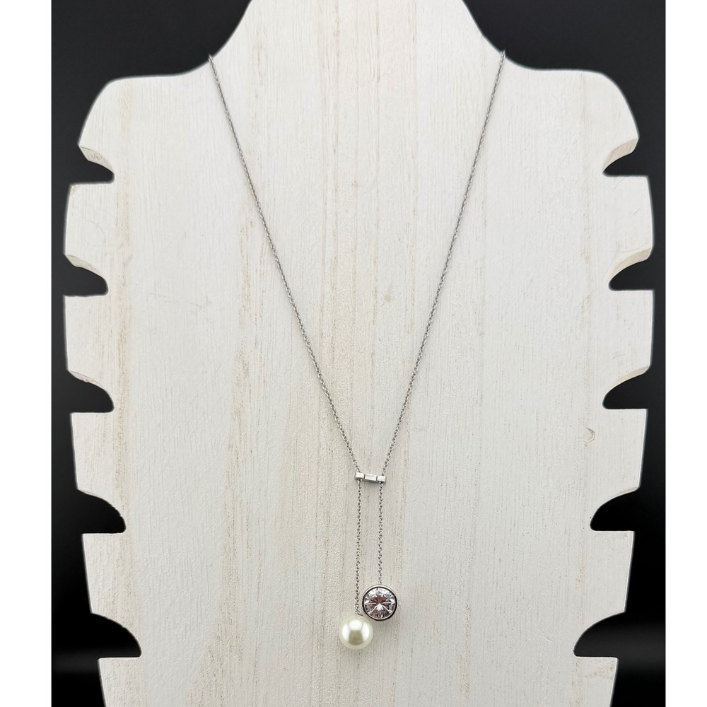 Banana Republic Lariat Necklace Silver Tone Pearl Cubic Zirconia Drop‎ Wedding